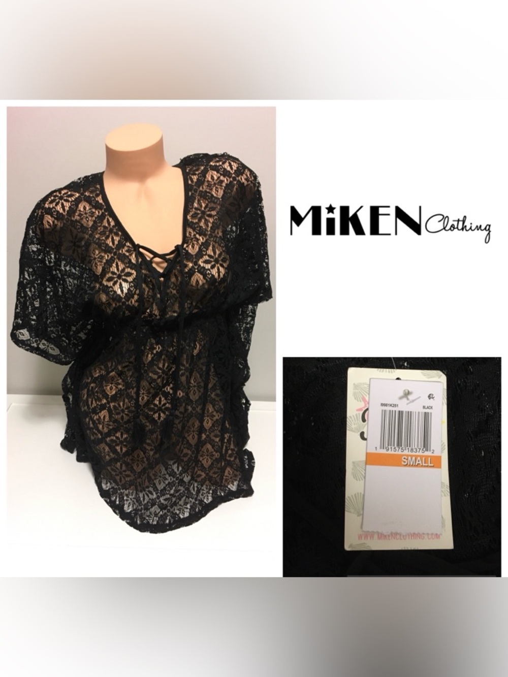 🆕MIKEN SWIM - SLIGHT DEFECT - S - NWT - BLACK CROCHET COVER UP / KAFTAN TUNIC